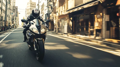 Sport motorcycle cuts through sunlit urban street at speed