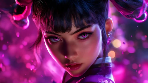 Female character stares forward amid neon pink bokeh glow