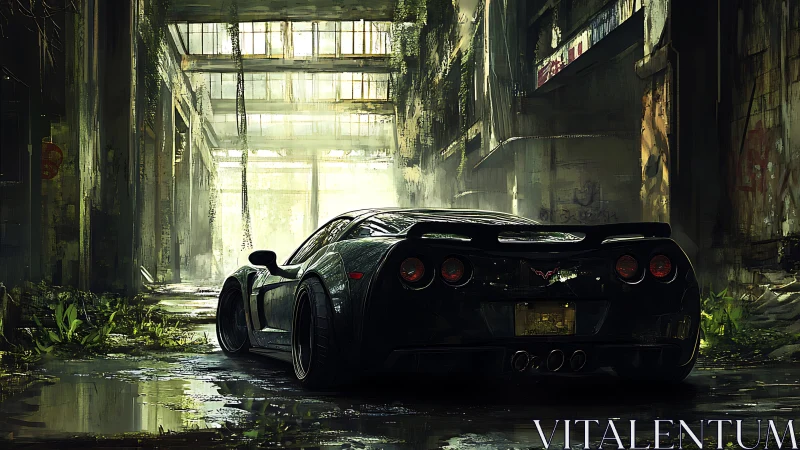 Black sports car in overgrown abandoned industrial hall.