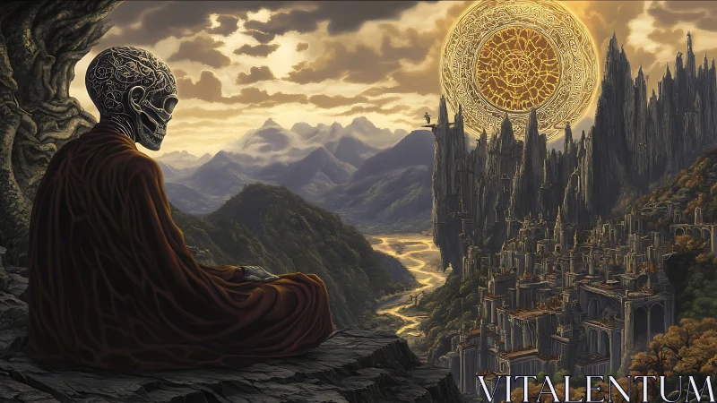 Meditating skeleton monk above arcane sunlit citadel.