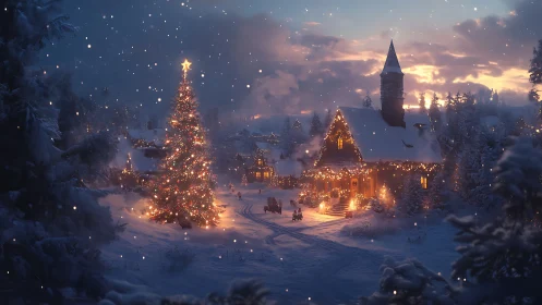 Snow covered village square displays large lit Christmas tree
