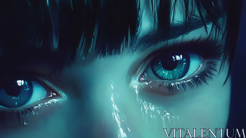 Close blue eyes with tears in cool cinematic lighting.