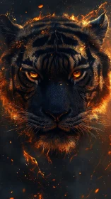 Blazing tiger face emerges from swirling embers and shadow
