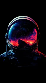 Astronaut helmet with vivid cosmic landscape reflection.