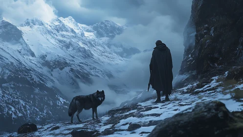 Lone cloaked wanderer and wolf crossing icy mountain pass.
