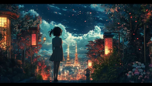 Girl overlooking illuminated city from floral hillside path.