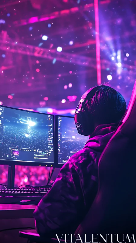 Neon arena gamer commands a glowing esports battlefield.