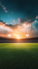 Sunlit stadium field under dramatic glowing evening sky.
