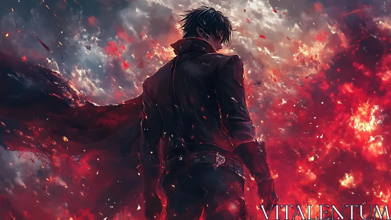 Lone firelit wanderer poised between smoke, sparks, storm.