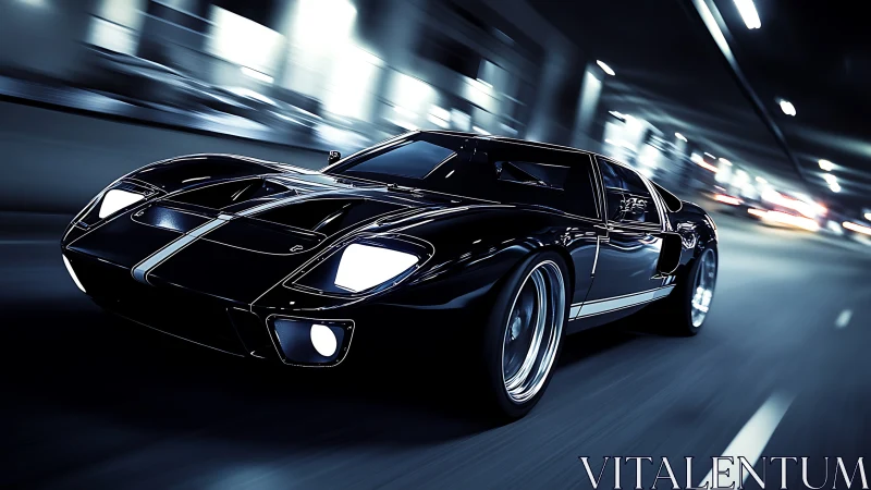 Midnight sports car surges through a glowing city tunnel