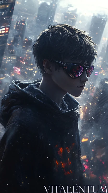 Hooded youth in reflective visor above dense night cityscape.