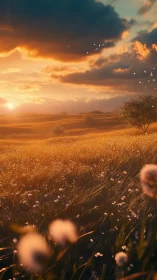 Golden meadow glows softly beneath a warm summer sunset sky