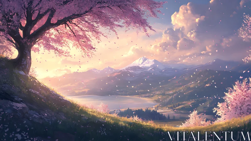 Blossoming hillside overlooking calm lake and glowing peaks.