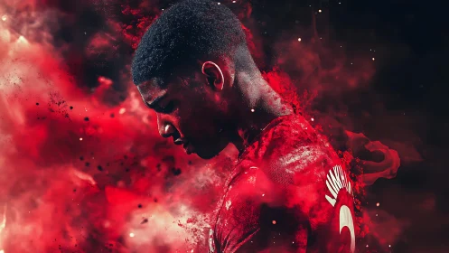 Digital portrait of introspective footballer in red nebula haze