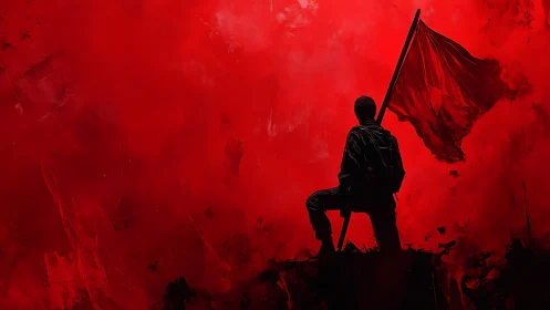 Silhouetted figure kneels on ridge holding large red flag