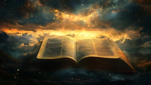 Cosmic scripture opens, spilling starlit wisdom across clouds.