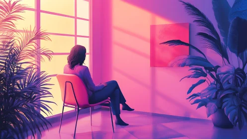 Seated person in colored light within plant-filled room