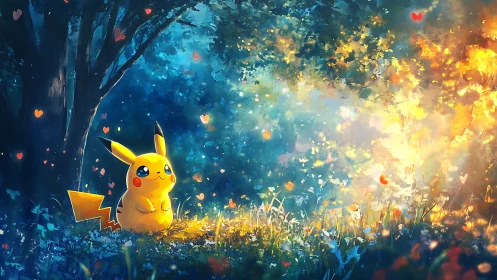 Pikachu in bokeh‑lit forest clearing under warm rim‑lighting glow