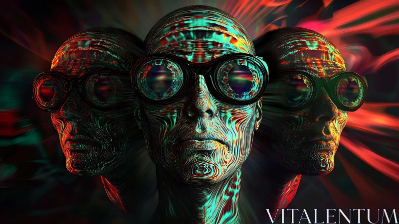 Triplicate cyber faces merge in neon distortion and motion blur.