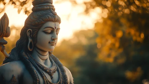 Serene Shiva statue against warm golden bokeh light.