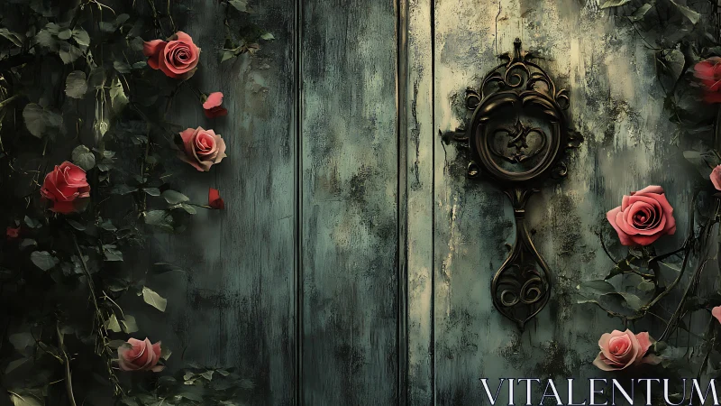 Weathered teal door with ornate handle framed by pink roses