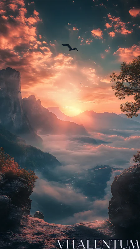 Dawn spills over cloud seas and soaring mountain cliffs.