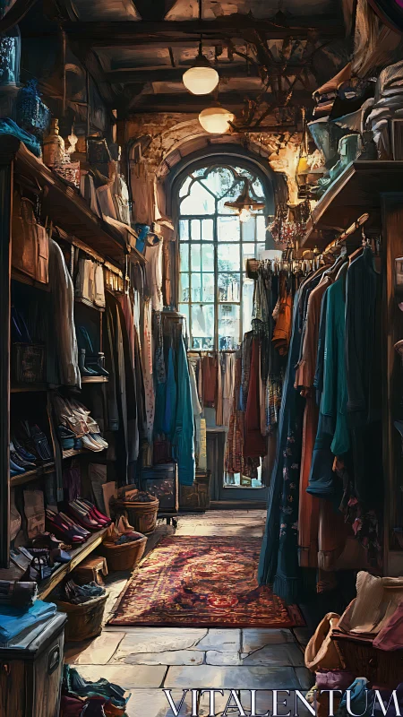 Narrow vintage clothing shop interior with warm light.