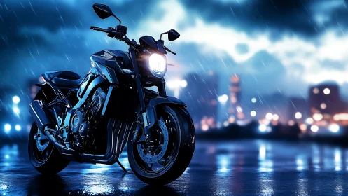 Sport motorcycle stands poised on a neon lit rainy street