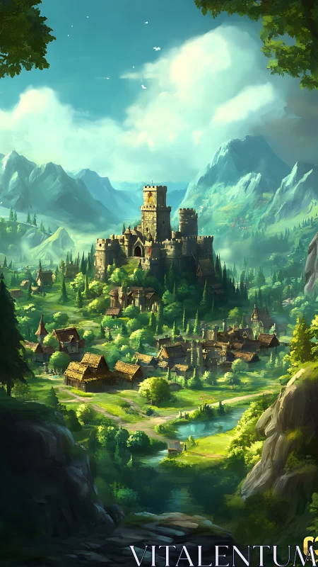 Medieval hilltop fortress above verdant river valley landscape.