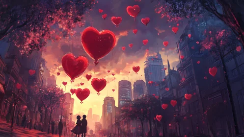 Neon Hearts Ascending Above Futuristic Cityscape.