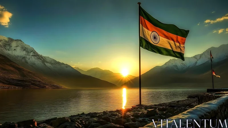 Indian flag over mountain lake at glowing sunrise horizon.