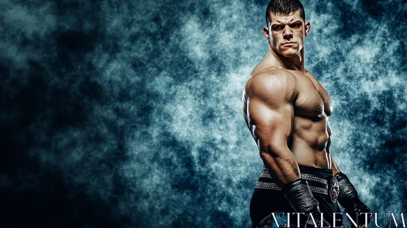 Muscular boxer poised against dramatic smoky backdrop.