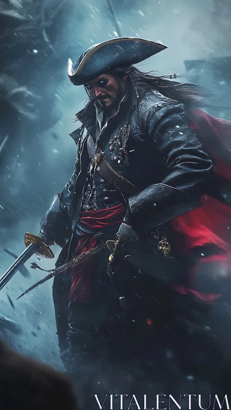 Battle-hardened pirate strides through stormy deck carnage