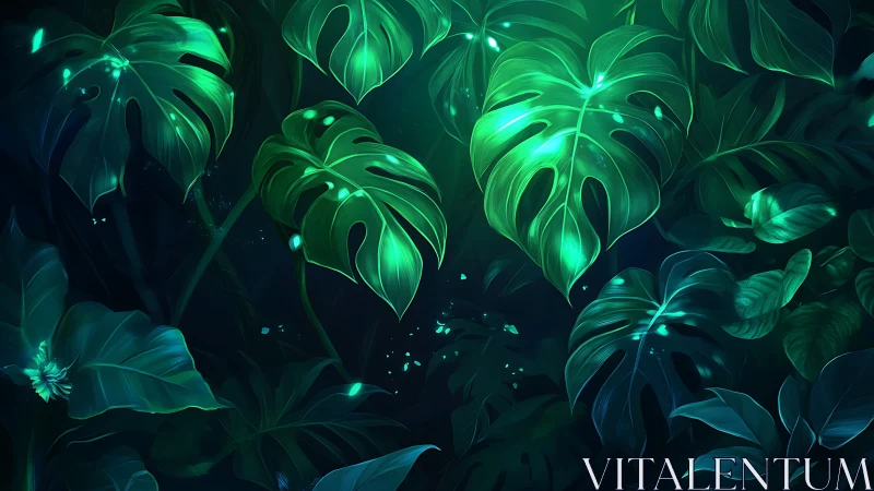 Glowing jungle leaves casting a soothing emerald dreamscape.