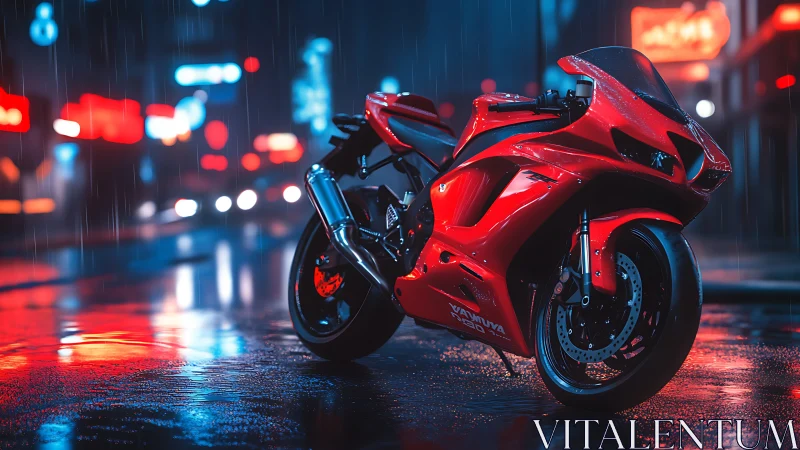 Midnight red superbike waits under neon city rain
