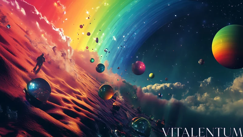 Astronaut adrift beneath a prismatic cosmic rainbow sea.