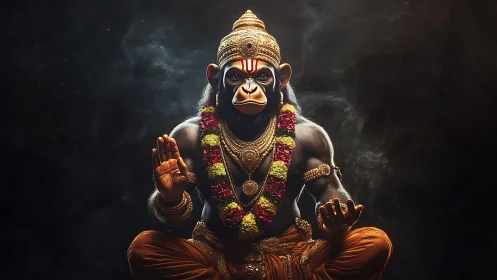 Simian deity figure in meditative seated pose on dark backdrop.