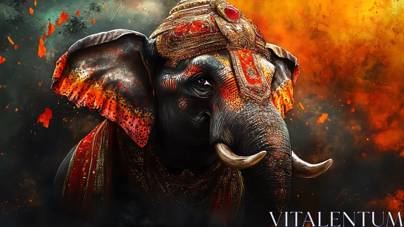 Regal war elephant emerges from infernal chromatic blaze