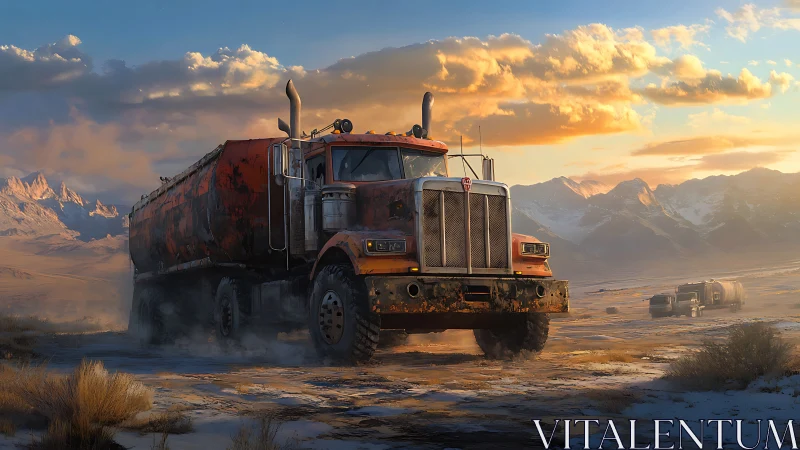 Rust-stained tanker truck crossing snowy desert plain.