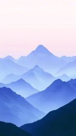 Layered blue mountain ridges fade into a pastel dawn.