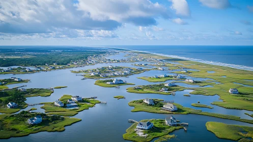 Coastal lagoon homes resting between calm water and sea.