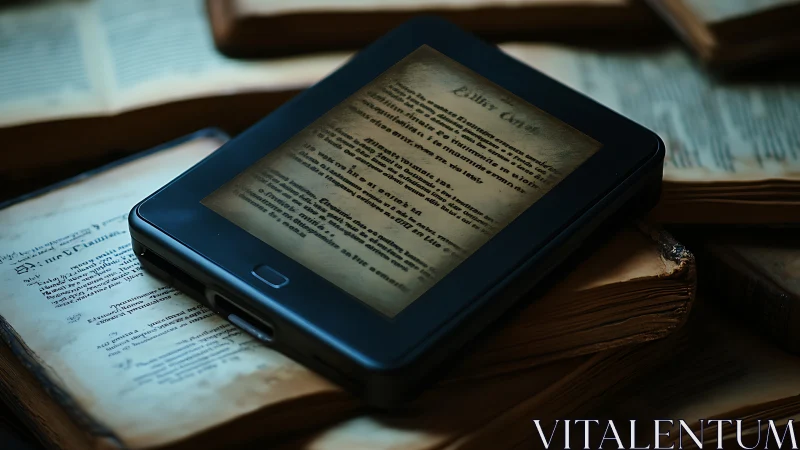Digital Page Turner: E-reader Nestled Among Forgotten Paper Tomes.