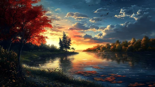 Sunset river landscape glows beneath dramatic autumn sky