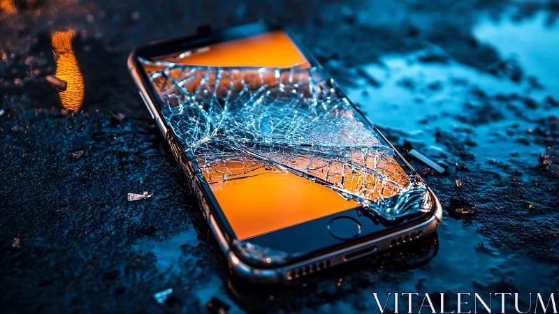 Broken smartphone on wet asphalt with vivid reflections.