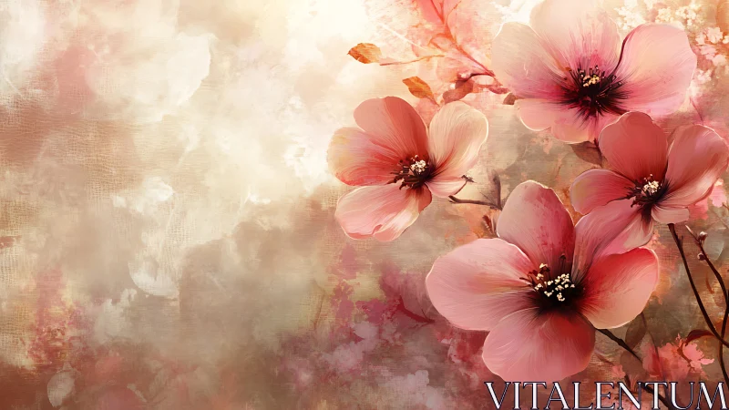 Pink cosmos flowers with dark centers on soft textured background