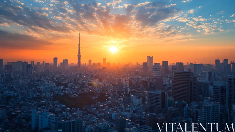 Tokyo urban skyline under radiant orange-blue sunrise light