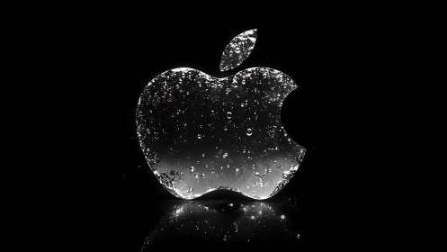 Luminous glass apple emblem shimmering in the dark.