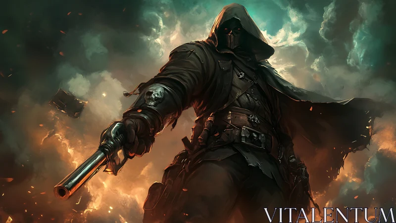 Hooded gunslinger in burning storm, dramatic low angle.