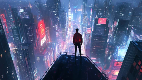 Solitary silhouette on neon-soaked megacity rooftop at night