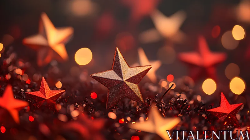 Glittering red stars glow warmly in festive holiday bokeh